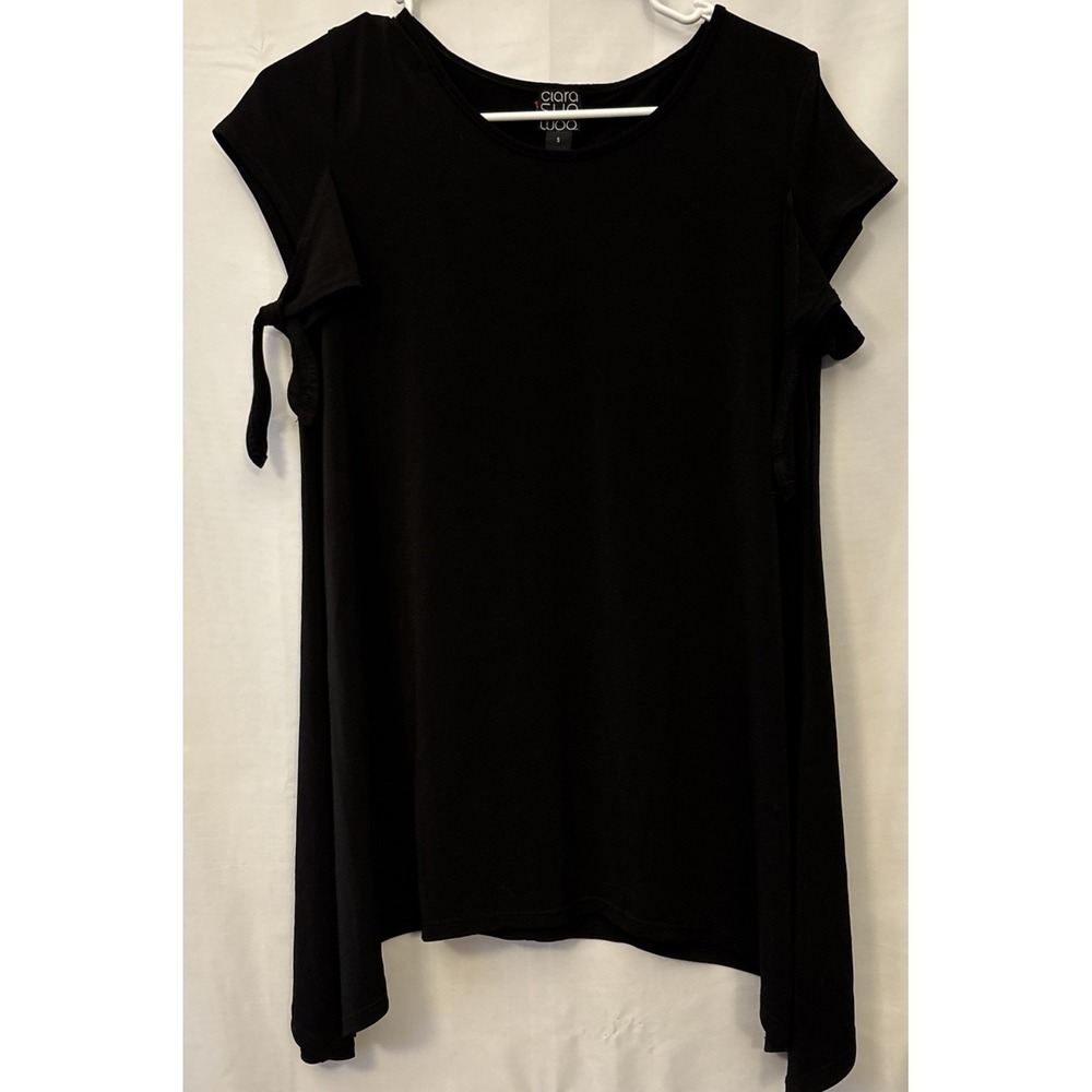 Women's Clara Sun‎ Woo Tunic Pullover  Black Cap Sleeve-Tie Handkerchief Hem S